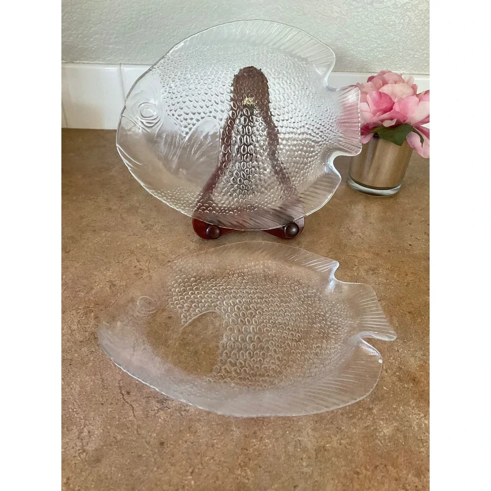 Vintage Clear Textured Glass Fish Shaped Serving Plates Set of 2 Coastal Decor